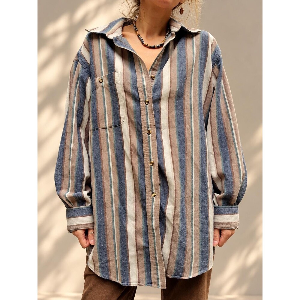 Vintage Flannel Shirt Oversized Cotton Striped Button Down Worn-In Grunge Style